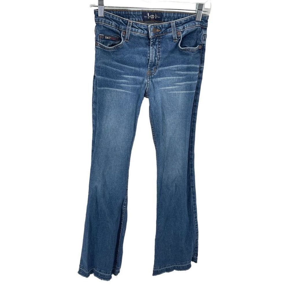 L.E.I Womens Flared Jeans Frayed Stretch Medium Wash 3 Pocket Blue Size 7